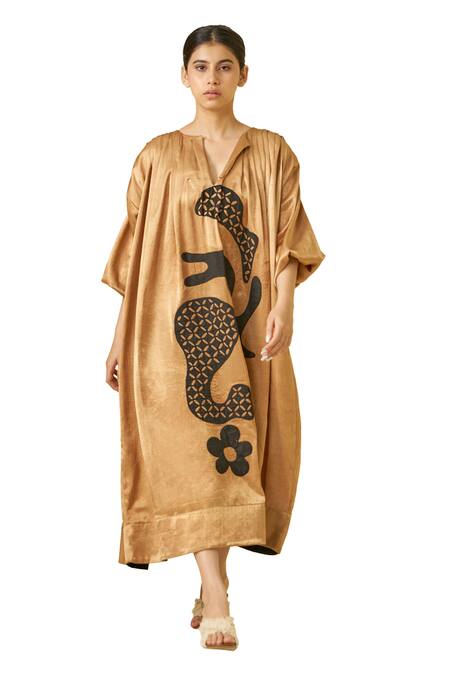Stoique_Gold Silk Embroidery Open Neck Love Bug Applique Dress _Online_at_Aza_Fashions