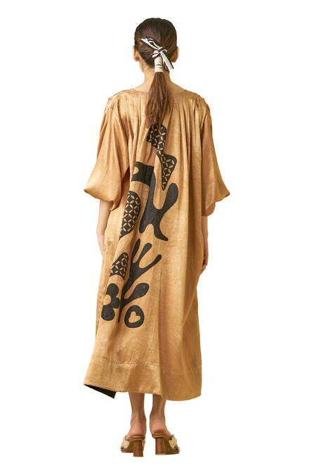 Buy_Stoique_Gold Silk Embroidery Open Neck Love Bug Applique Dress _Online_at_Aza_Fashions