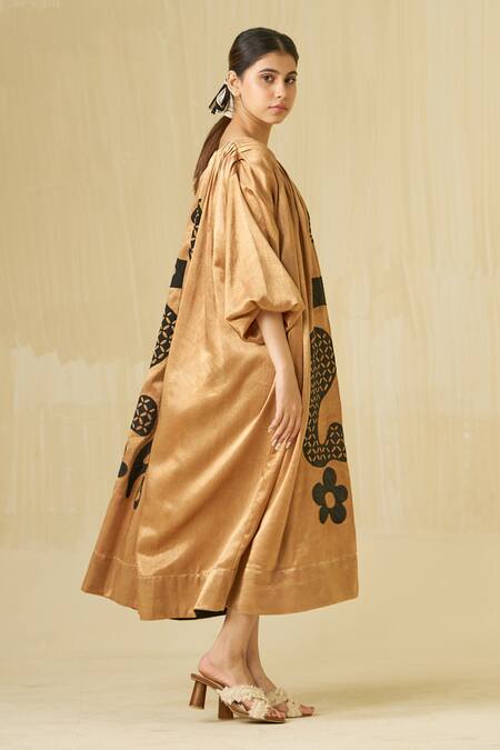 Shop_Stoique_Gold Silk Embroidery Open Neck Love Bug Applique Dress _Online_at_Aza_Fashions
