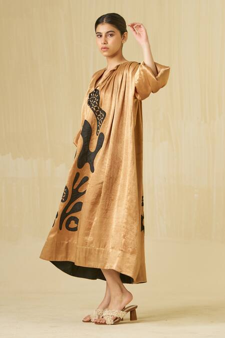 Stoique_Gold Silk Embroidery Open Neck Love Bug Applique Dress _at_Aza_Fashions