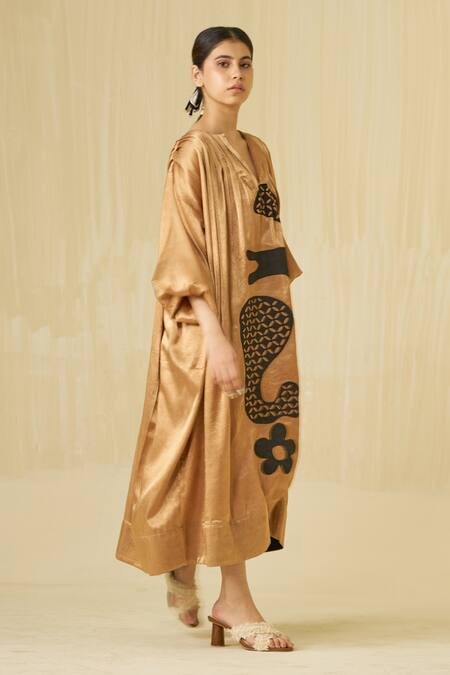 Buy_Stoique_Gold Silk Embroidery Open Neck Love Bug Applique Dress 