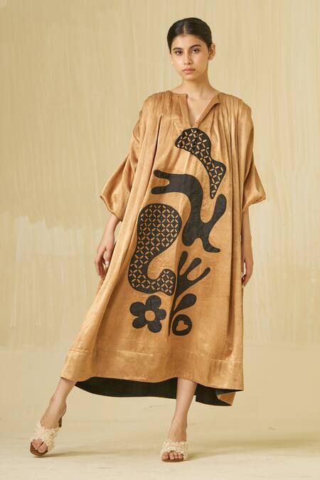 Shop_Stoique_Gold Silk Embroidery Open Neck Love Bug Applique Dress 