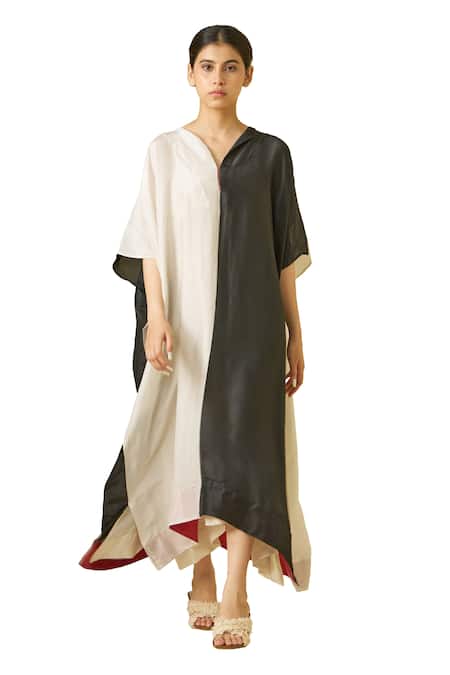 Stoique_Silver Silk V-neck Moon Colorblock Dress _Online_at_Aza_Fashions