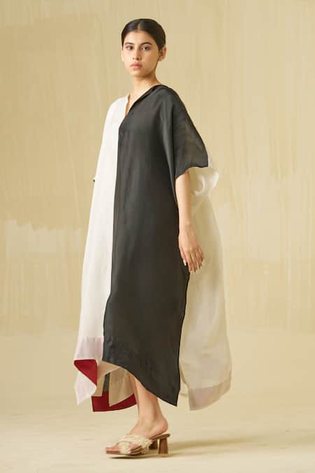 Buy_Stoique_Silver Silk V-neck Moon Colorblock Dress _Online_at_Aza_Fashions