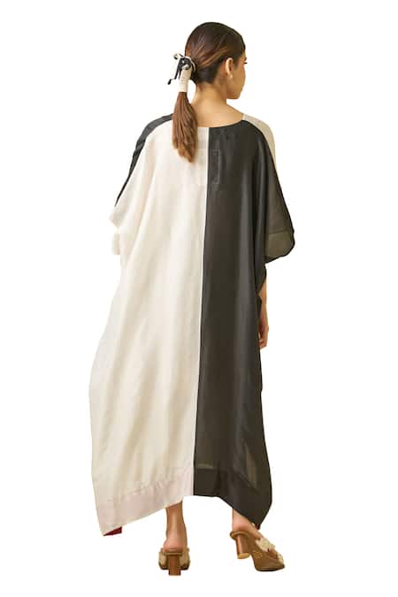 Shop_Stoique_Silver Silk V-neck Moon Colorblock Dress _Online_at_Aza_Fashions