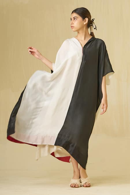 Stoique_Silver Silk V-neck Moon Colorblock Dress _at_Aza_Fashions
