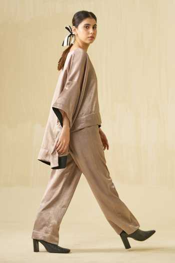 Buy Stoique Brown Mashru Silk Plain Pigeon Trouser Buy_Stoique_Brown Mashru Silk Plain Pigeon Trouser