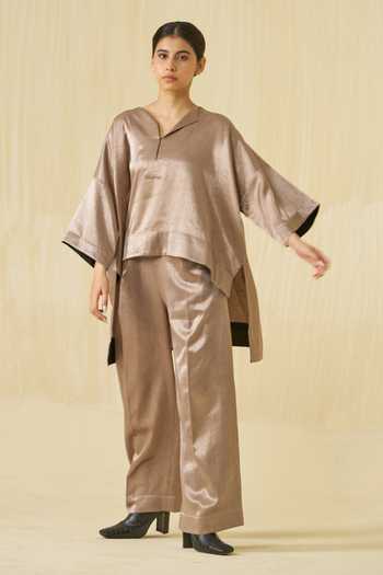 Shop Stoique Brown Mashru Silk Plain Pigeon Trouser Shop_Stoique_Brown Mashru Silk Plain Pigeon Trouser