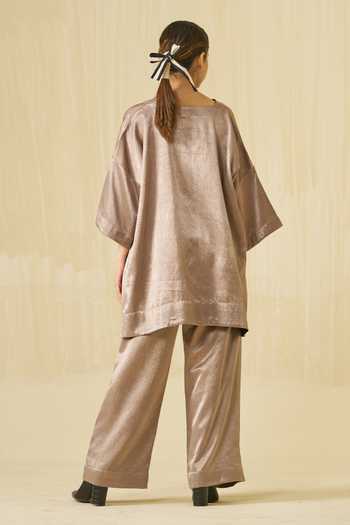 Shop Stoique Brown Mashru Silk Plain Pigeon Trouser at Aza Fashions Shop_Stoique_Brown Mashru Silk Plain Pigeon Trouser _at_Aza_Fashions