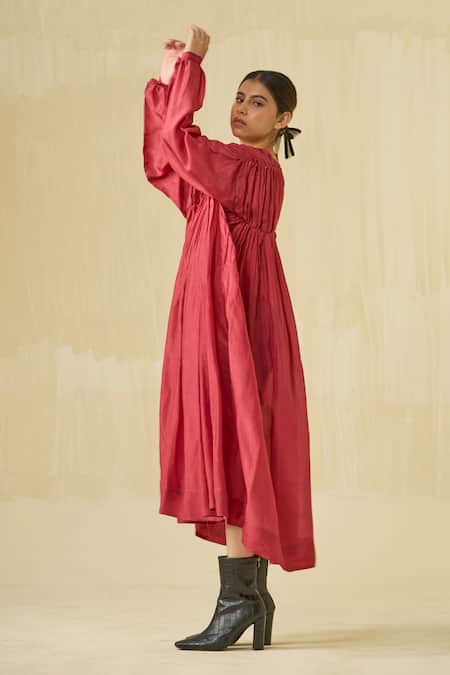 Buy_Stoique_Red Silk Applique Open Neck Rose Embroidered Dress _Online_at_Aza_Fashions