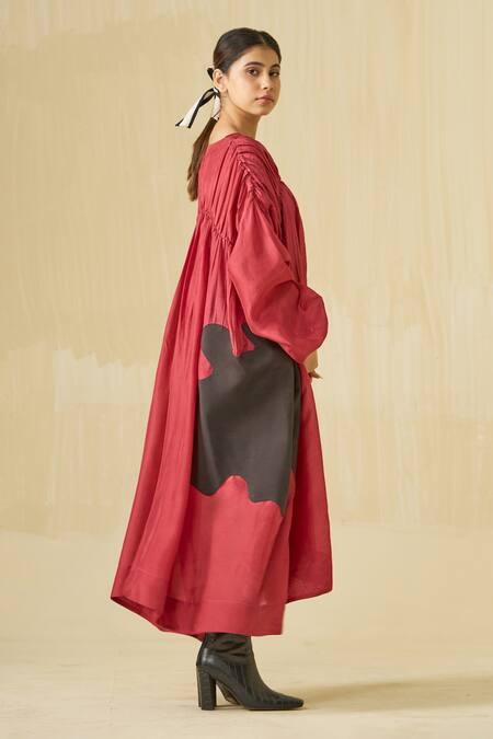 Shop_Stoique_Red Silk Applique Open Neck Rose Embroidered Dress _Online_at_Aza_Fashions