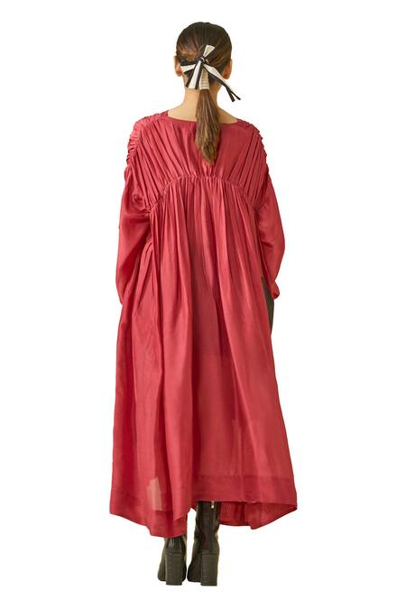 Stoique_Red Silk Applique Open Neck Rose Embroidered Dress _at_Aza_Fashions