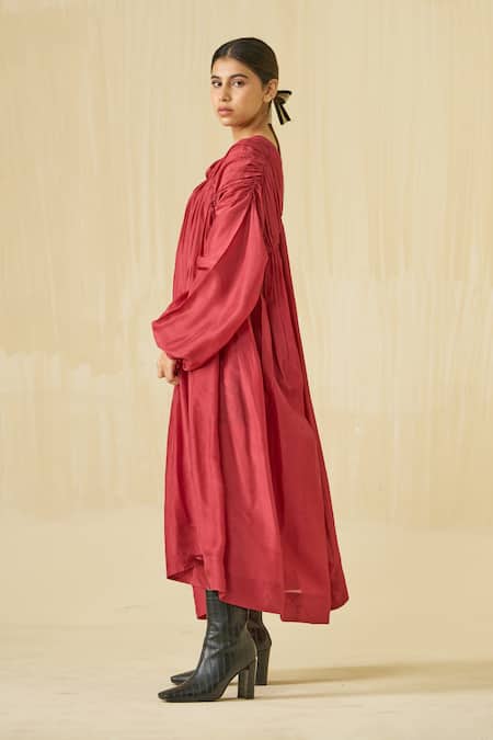 Buy_Stoique_Red Silk Applique Open Neck Rose Embroidered Dress 