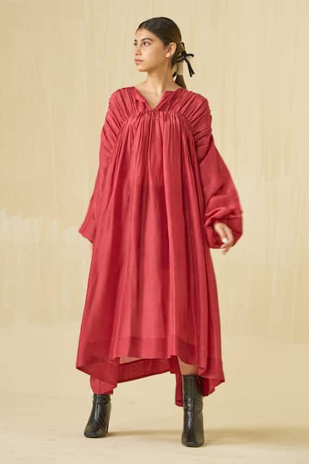 Shop_Stoique_Red Silk Applique Open Neck Rose Embroidered Dress 