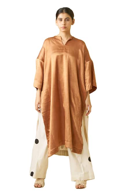 Stoique_Gold Cotton, Silk Embroidery Open Neck Sunshine Colorblock Applique Dress _Online_at_Aza_Fashions