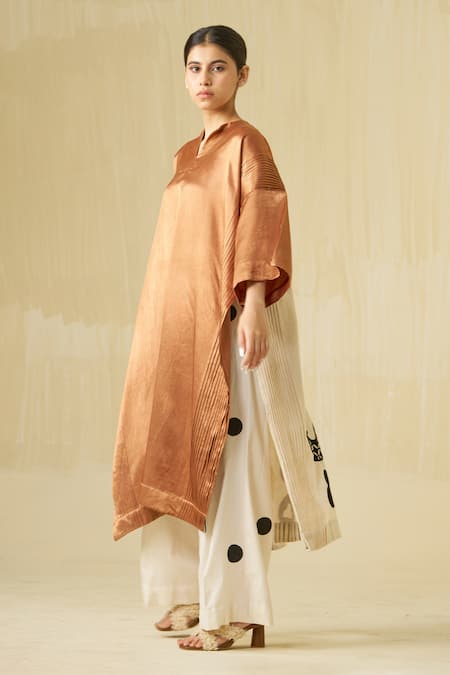 Buy_Stoique_Gold Cotton, Silk Embroidery Open Neck Sunshine Colorblock Applique Dress _Online_at_Aza_Fashions