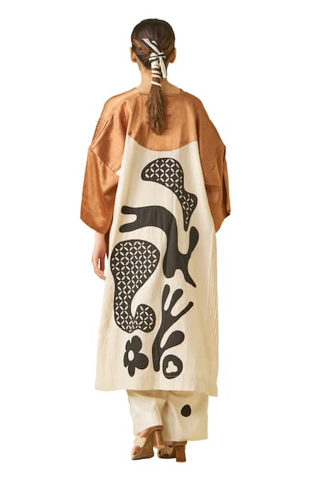 Shop_Stoique_Gold Cotton, Silk Embroidery Open Neck Sunshine Colorblock Applique Dress _Online_at_Aza_Fashions