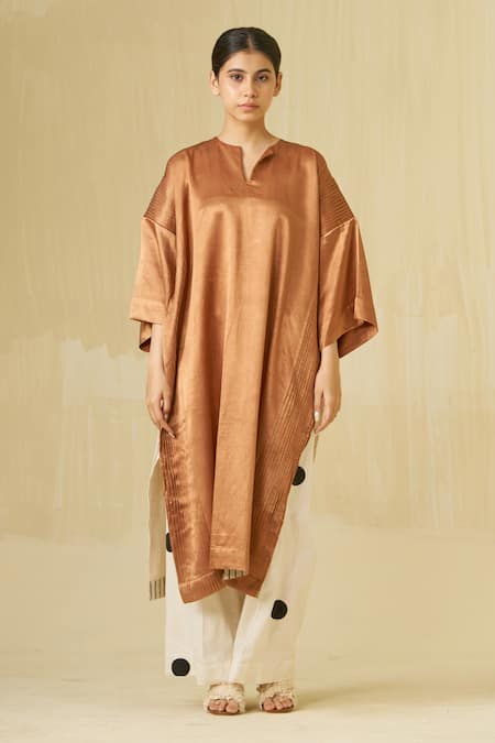 Stoique_Gold Cotton, Silk Embroidery Open Neck Sunshine Colorblock Applique Dress _at_Aza_Fashions