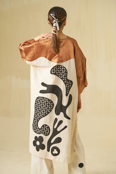 Shop_Stoique_Gold Cotton, Silk Embroidery Open Neck Sunshine Colorblock Applique Dress 