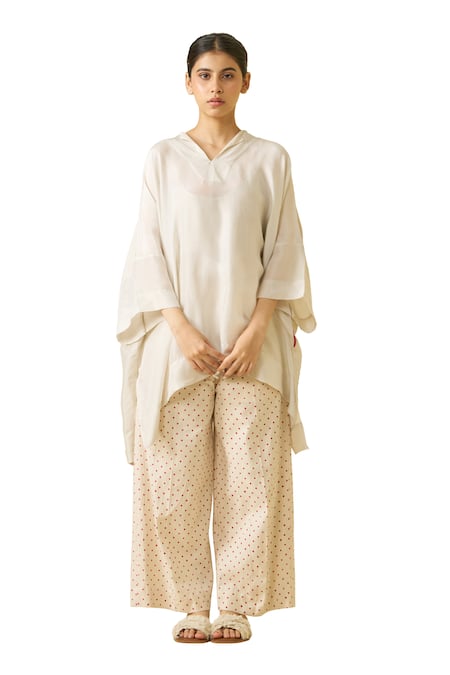 Stoique_Silver Silk V-neck Swan Floral Placement Print Top _Online_at_Aza_Fashions