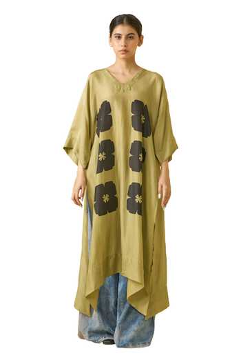 Stoique Green Upada Silk Printed Floral V Neck Swan Tunic Online at Aza Fashions Stoique_Green Upada Silk Printed Floral V Neck Swan Tunic _Online_at_Aza_Fashions