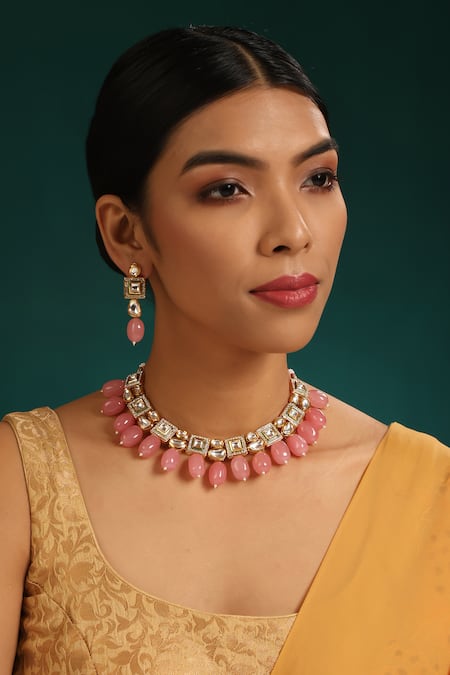 Minaki Pink Kundan Azure And Bead Embellished Jewellery Set