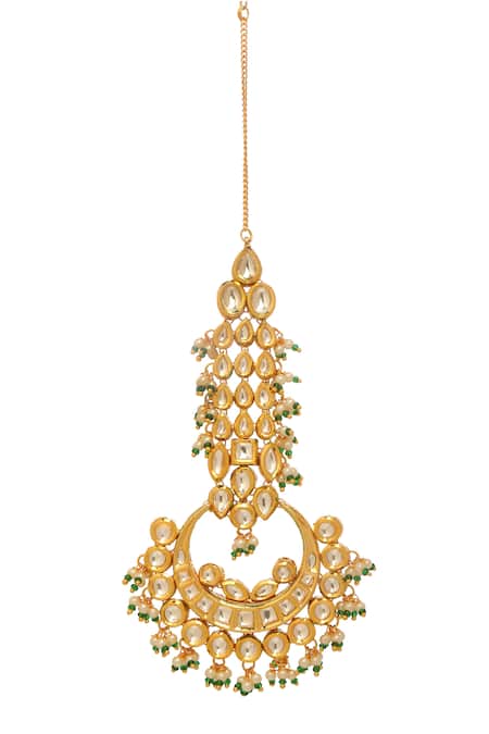 Shop_Minaki_Green Chaand Phool Kundan And Pearl Embellished Maangtikka _at_Aza_Fashions