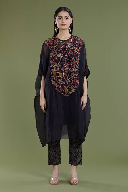 Divya Sheth_Black Organza Embroidery Dori Round Kaftan And Pant Set _Online_at_Aza_Fashions