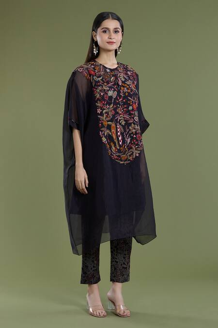 Shop_Divya Sheth_Black Organza Embroidery Dori Round Kaftan And Pant Set _Online_at_Aza_Fashions
