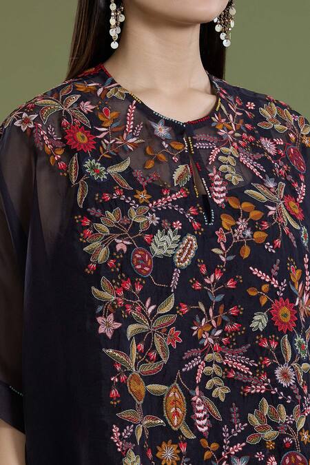 Divya Sheth_Black Organza Embroidery Dori Round Kaftan And Pant Set _at_Aza_Fashions