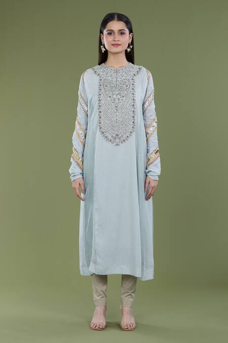 Divya Sheth_Blue Cotton Sequins, Zari Round Neck Embroidered Kurta And Pant Set_Online_at_Aza_Fashions