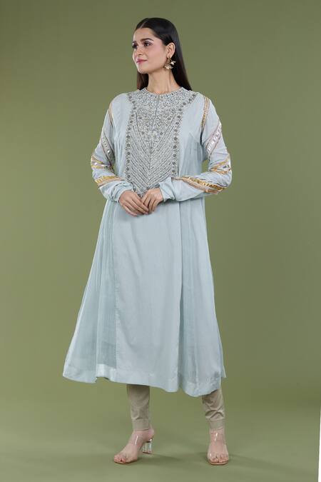 Buy_Divya Sheth_Blue Cotton Sequins, Zari Round Neck Embroidered Kurta And Pant Set_Online_at_Aza_Fashions