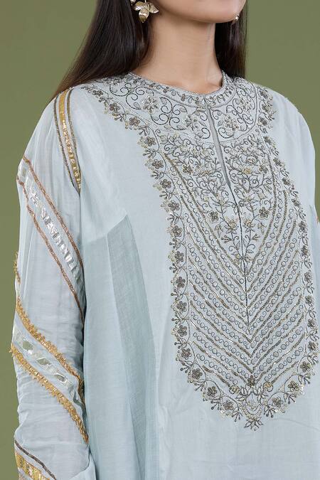 Divya Sheth_Blue Cotton Sequins, Zari Round Neck Embroidered Kurta And Pant Set_at_Aza_Fashions