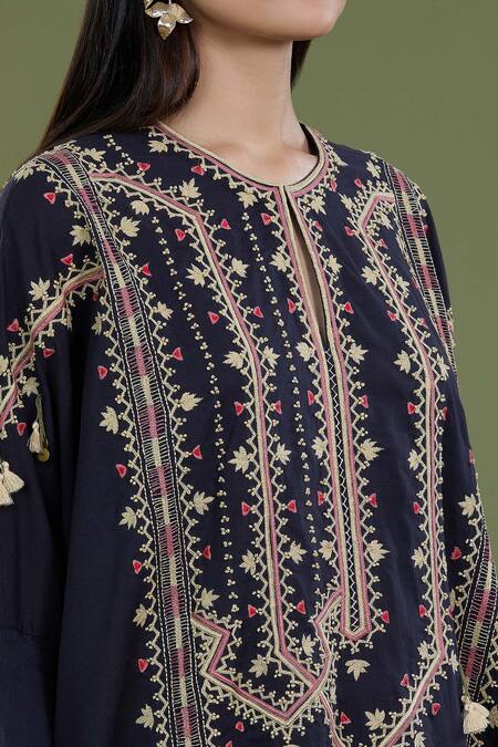 Shop_Divya Sheth_Black Cotton Embroidery Round Neck Dori Kaftan And Pant Set _Online_at_Aza_Fashions