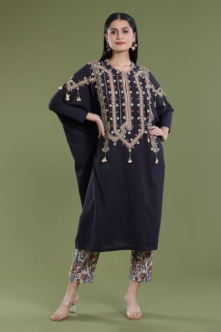 Buy Black Embroidery Dori Round Cotton Kaftan And Pant Set For Women by ...