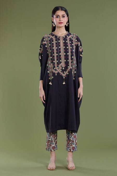 Divya Sheth_Black Round Neck Embroidered Kaftan And Floral Pant Set _Online_at_Aza_Fashions