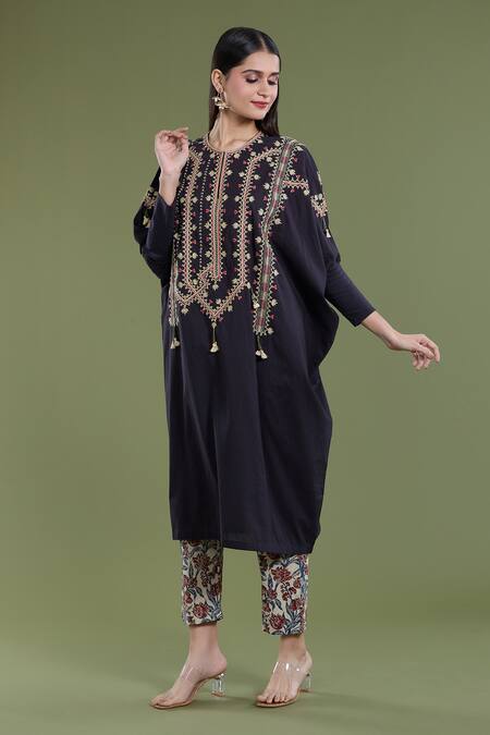 Buy_Divya Sheth_Black Round Neck Embroidered Kaftan And Floral Pant Set _Online_at_Aza_Fashions