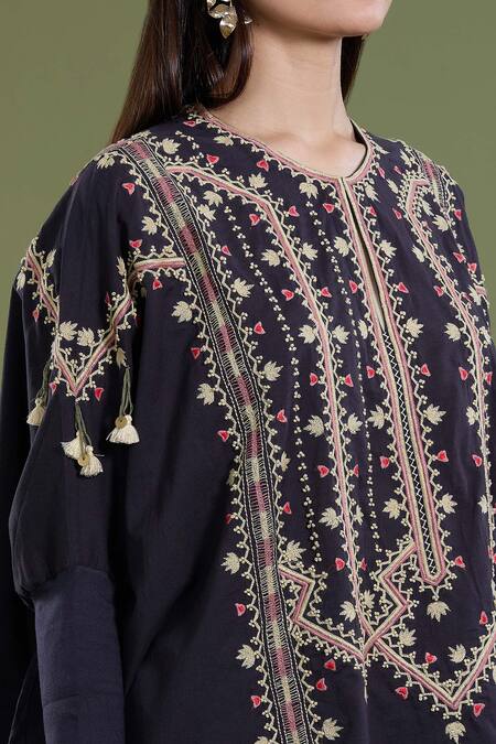 Shop_Divya Sheth_Black Round Neck Embroidered Kaftan And Floral Pant Set _Online_at_Aza_Fashions