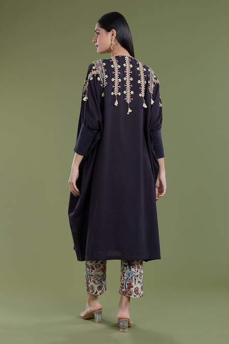 Divya Sheth Black Embroidered Kaftan & Floral Pant Set 
