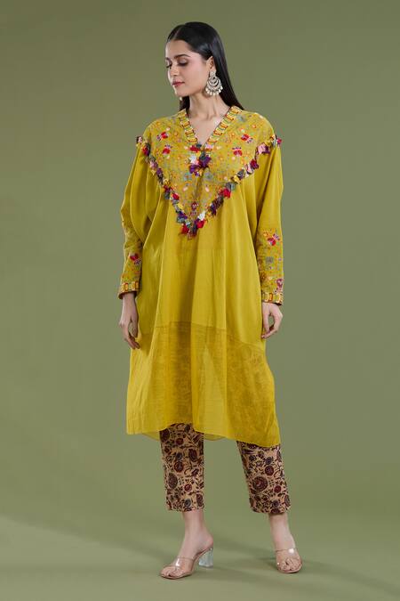 Buy_Divya Sheth_Yellow Cotton Embroidery Round Neck Thread Kaftan And Pant Set _Online_at_Aza_Fashions