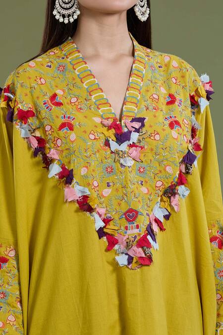Shop_Divya Sheth_Yellow Cotton Patchwork Round Neck Thread Work Kaftan And Pant Set _Online_at_Aza_Fashions
