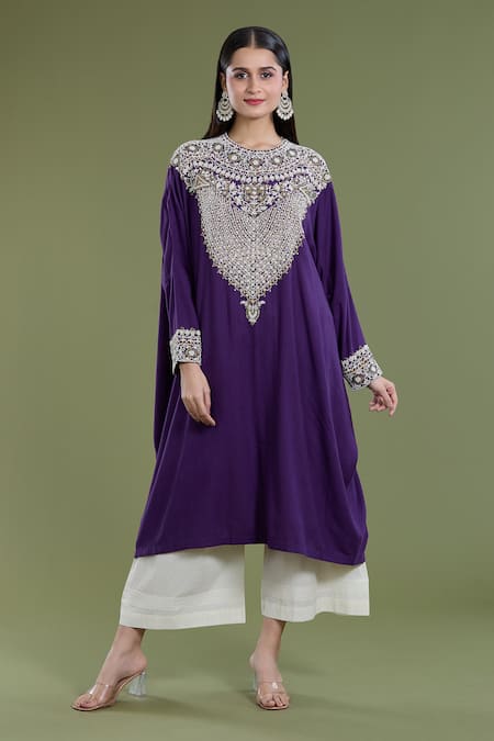 Buy Black Embroidery Dori Round Pearl Kaftan And Pant Set For Women by ...
