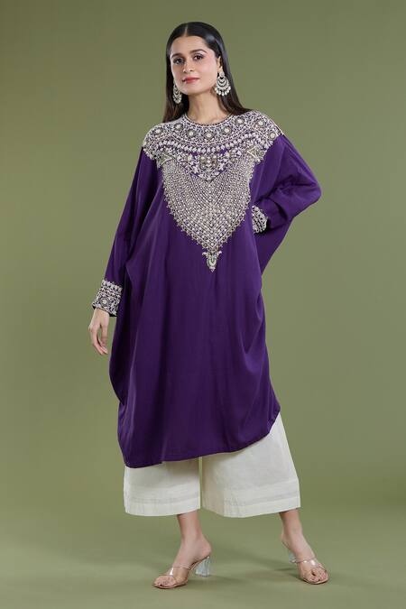 Divya Sheth Purple Embroidery Dori Round Pearl Kaftan And Pant Set Online at Aza Fashions Divya Sheth_Purple Embroidery Dori Round Pearl Kaftan And Pant Set _Online_at_Aza_Fashions