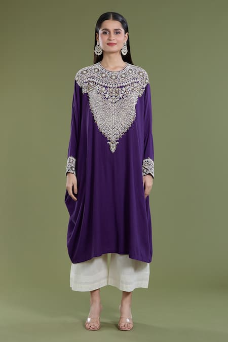 Shop Divya Sheth Purple Embroidery Dori Round Pearl Kaftan And Pant Set Online at Aza Fashions Shop_Divya Sheth_Purple Embroidery Dori Round Pearl Kaftan And Pant Set _Online_at_Aza_Fashions