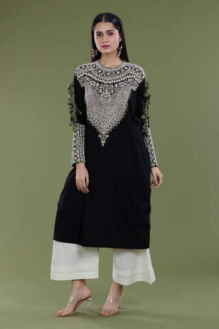 Buy Black Embroidery Dori Round Matka Pearl Work Kaftan And Pant Set ...