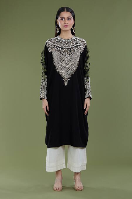 Divya Sheth_Black Embroidery Dori Round Matka Pearl Work Kaftan And Pant Set  _Online_at_Aza_Fashions
