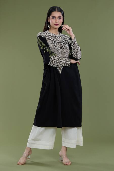 Buy_Divya Sheth_Black Embroidery Dori Round Matka Pearl Work Kaftan And Pant Set  _Online_at_Aza_Fashions