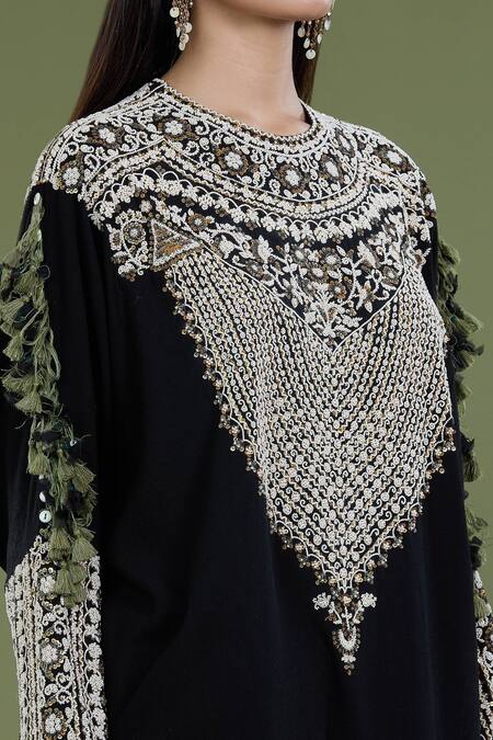 Shop_Divya Sheth_Black Embroidery Dori Round Matka Pearl Work Kaftan And Pant Set  _Online_at_Aza_Fashions
