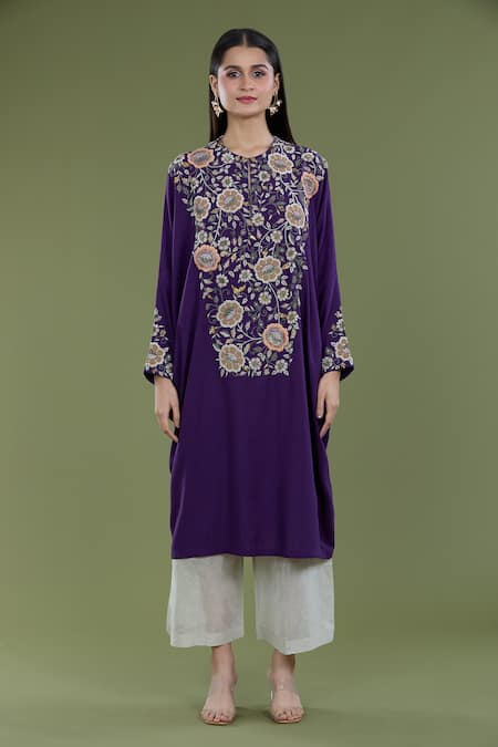 Divya Sheth_Purple Embroidery Dori Round Zardozi Kaftan And Pant Set _Online_at_Aza_Fashions