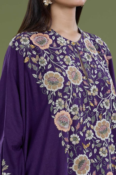 Shop_Divya Sheth_Purple Embroidery Dori Round Zardozi Kaftan And Pant Set _Online_at_Aza_Fashions